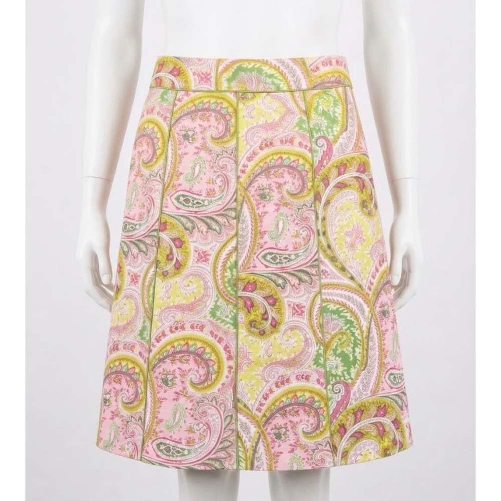Chadwicks Pink Green Paisley A-Line Skirt Size 8 Cotton Paneled Knee Length